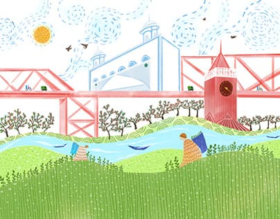 Illustration of Sylhet: the bridge, the clock tower and the Surma river